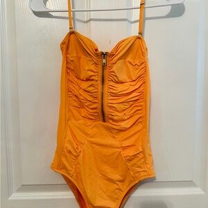 Orange One-Piece Bathing Suit With Ruching and Zipper